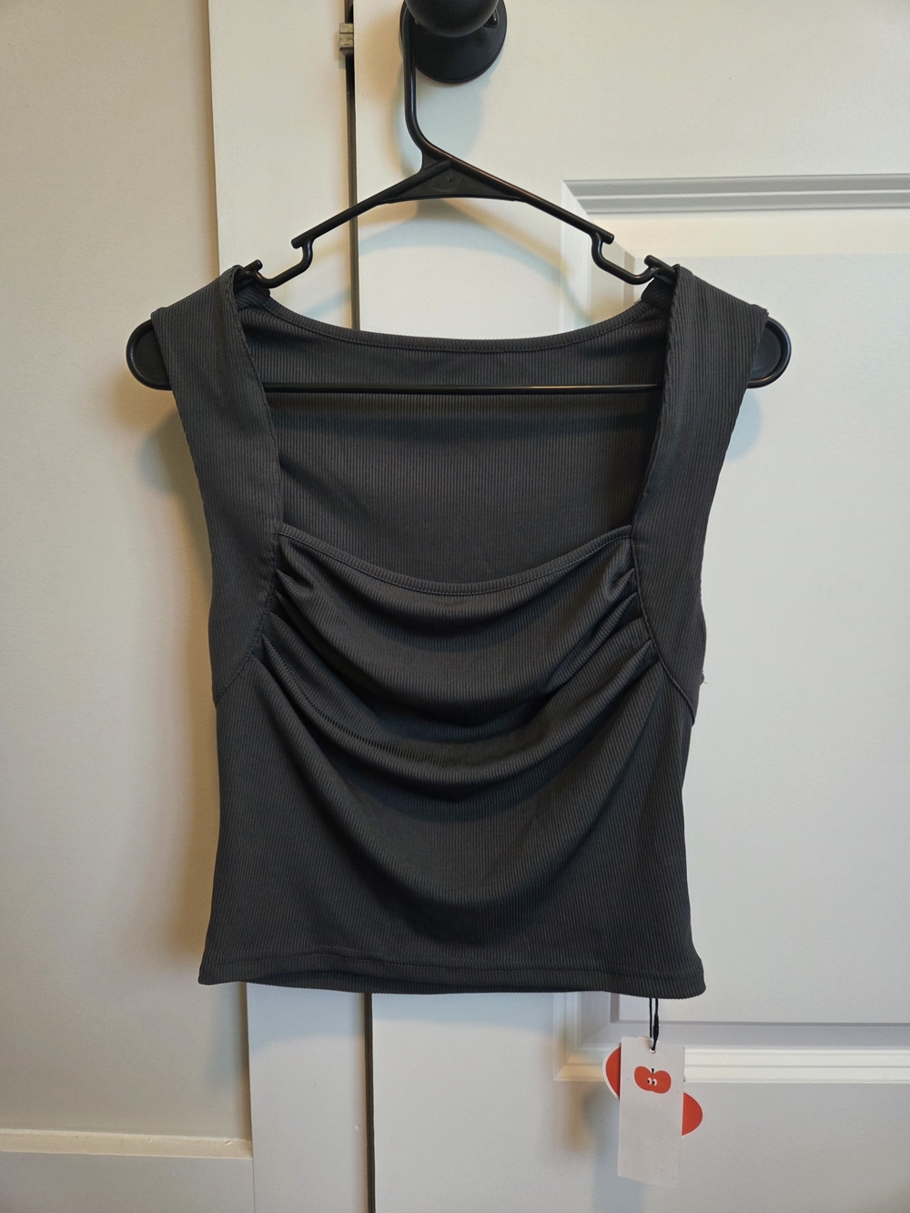 Cider Cropped Gray Ribbed Scoop-Neck Tank with Draped Front